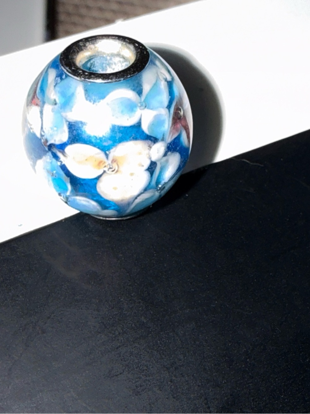 Blue Floral Glass Bead Charm slide 925 sterling silver pink flower